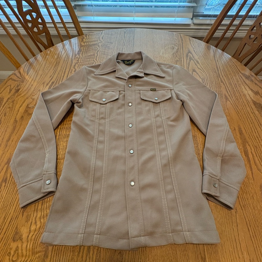Vintage Wrangler 70’s Tan Western Polyester Leisure Shirt S Shacket Cowboy Farm